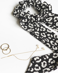 Black and White Cheetah Scarf Scrunchie | Crepe Series | 3-in-1 | Multi-Use Accessory-scarf scrunchie-Bardot Bow Gallery-Bardot Bow Gallery