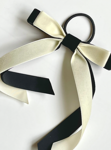 Contrast Velvet Long Bow | Standard Bow with Double Tails | Upscale Bows for Women | Made to Order-Hair Bow-Bardot Bow Gallery-Black/Cream-Hair Tie-Bardot Bow Gallery