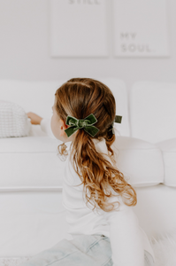 Velvet Bitty Babes Bows | Pigtail Pair or Single | Bow Clips | Baby Hair Bows | Designer Hand Tied and Made to Order-Hair Bow-Bardot Bow Gallery-Olive-Pigtail Set of 2 Clips-Bardot Bow Gallery
