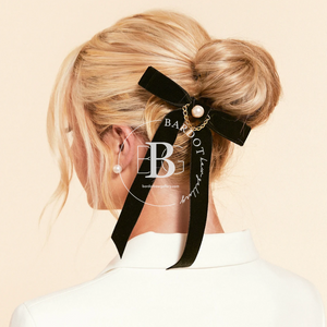 Little Black Velvet Bow | Pearl Luxe Link | Standard Bow with Tails | Luxury Designer Hair Accessories | Made to Order-Hair Bow-Bardot Bow Gallery-Hair Tie-Bardot Bow Gallery