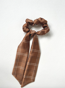 Petite Scarf Scrunchie | Silky Fall Patterns | Low Pony Scarf | 3-in-1 | Multi-Use Accessory | Sophisticated Luxury Scrunchie-scarf scrunchie-Bardot Bow Gallery-Cognac Plaid-Bardot Bow Gallery