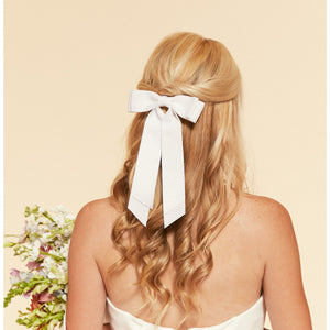 White Grosgrain Bridal Bow | Petite Oversize Long Bow | Petersham Grosgrain | Luxury Bridal Hair Bow | Made to Order-Hair Bow-Bardot Bow Gallery-Medium Barrette-Bardot Bow Gallery