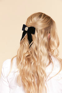 Glam Crystal Bow | Petite Oversize Short Bow | Velvet Bow with Tails | Pearl Hair Piece | Made to Order-Hair Bow-Bardot Bow Gallery-Black-1) Round Pearl-Alligator Clip-Bardot Bow Gallery