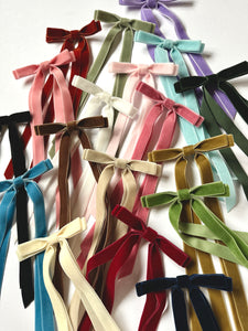Velvet Skinny Long Bow | Bridesmaid Bows | Bow Clip Barrette Hair Ties | Luxury Designer Hair Bows | Made to Order-Hair Bow-Bardot Bow Gallery-Light Moss-Bardot Bow Gallery