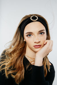 Velour Vintage Pearl Turban | Soft Headband | Multiple Colors | Luxury Designer Hair Accessories | Made to Order-Headband-Bardot Bow Gallery-Black-Bardot Bow Gallery