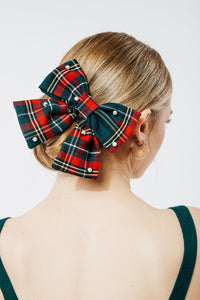 The Victoria Plaid Bow | Plaid Pearl Bow Barrette | Handmade Fabric Bow | Made in USA-Bardot Bow Gallery-Headband-Bardot Bow Gallery