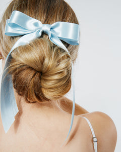 Stella Silk Satin Long Bow | 100% Silk Satin | Something Blue | Bow Clips | Luxury Designer Hair Piece | Made to Order-Hair Bow-Bardot Bow Gallery-White-Bardot Bow Gallery