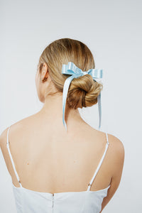 Stella Silk Satin Long Bow | 100% Silk Satin | Something Blue | Bow Clips | Luxury Designer Hair Piece | Made to Order-Hair Bow-Bardot Bow Gallery-White-Bardot Bow Gallery