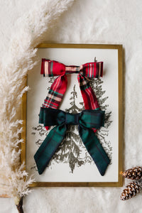 Timeless Plaid Bow | Holiday Hair | Bow Barrette with Long Tails | Gifts for Her-Bardot Bow Gallery-Glitzy Red Taffeta-Bardot Bow Gallery