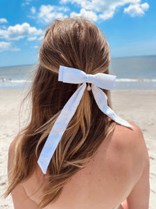 Seaside Pearl Linen Long Bow | with Shell Charm or Jade Bead | Bow Barrette with Long Tails | Handmade Fabric Bow-Hair Bow-Bardot Bow Gallery-Chambray Sea Foam-Large Barrette-Bardot Bow Gallery