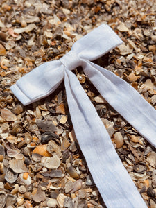 Seaside Pearl Linen Long Bow | with Shell Charm or Jade Bead | Bow Barrette with Long Tails | Handmade Fabric Bow-Hair Bow-Bardot Bow Gallery-Chambray Sea Foam-Large Barrette-Bardot Bow Gallery