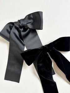 Luxe Hand Tied Grosgrain Long Bow | Classic French Girl Hair Bow | Luxury Designer Hair Accessories | Made to Order-Hair Bow-Bardot Bow Gallery-Black-Medium Barrette-Bardot Bow Gallery
