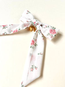 Little Locket Bow | Silver or Gold | Petite Fabric Bow with Tails | Luxury Designer Hair Accessories | Made to Order-Hair Bow-Bardot Bow Gallery-Vintage Rose Cotton-Alligator Clip-Silver-Bardot Bow Gallery