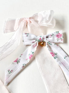 Little Locket Bow | Silver or Gold | Petite Fabric Bow with Tails | Luxury Designer Hair Accessories | Made to Order-Hair Bow-Bardot Bow Gallery-Vintage Rose Cotton-Alligator Clip-Silver-Bardot Bow Gallery