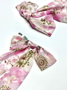 Pink Poppies Fabric Bow Barrette | Sample Product | One of A Kind | 100% Silk Chiffon | Luxury Designer Hair Accessories | Handmade in USA | Sold As Is | Quick Shipping-Hair Bow-Bardot Bow Gallery-Bardot Bow Gallery