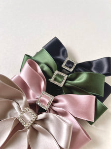 Bow-Tie Buckle Satin Long Bow | Silky Satin Ribbon | Crystal Buckle Center | Designer Luxury Hair Accessories | Handmade in USA-Hair Bow-Bardot Bow Gallery-Alligator Clip-Stone-Bardot Bow Gallery