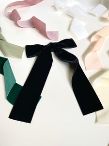 Luxe Hand Tied Velvet Long Bow | Classic French Girl Hair Bow | Luxury Designer Hair Accessories | Made to Order-Hair Bow-Bardot Bow Gallery-Balsam-Medium Barrette-Bardot Bow Gallery