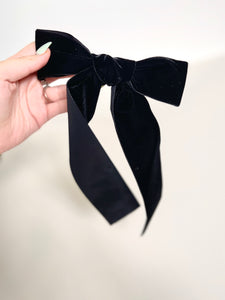 Luxe Hand Tied Velvet Long Bow | Classic French Girl Hair Bow | Luxury Designer Hair Accessories | Made to Order-Hair Bow-Bardot Bow Gallery-Balsam-Medium Barrette-Bardot Bow Gallery