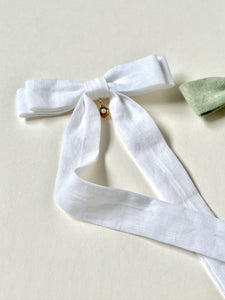 Seaside Pearl Linen Long Bow | Shell Charm or Jade Bead | Fabric Bow Barrette with Long Tails | Made to Order-Hair Bow-Bardot Bow Gallery-Chambray Sea Foam-Large Barrette-Bardot Bow Gallery