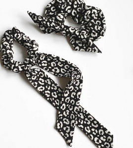 Black and White Cheetah Scarf Scrunchie | Crepe Series | Bow Scrunchie | Pony Scarf | 3-in-1 | Multi-Use Accessory-scarf scrunchie-Bardot Bow Gallery-Bardot Bow Gallery