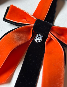 Bengals Charm Bows | Black and Orange Bows | Cincinnati Bengals Hair Accessories-Hair Bow-Bardot Bow Gallery-Black in Front-Tiger Face Silver-Aligator Clip-Bardot Bow Gallery