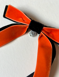 Bengals Charm Bows | Black and Orange Bows | Cincinnati Bengals Inspired Hair Bows | Custom fastener-Hair Bow-Bardot Bow Gallery-Black in Front-Tiger Face Silver-Aligator Clip-Bardot Bow Gallery