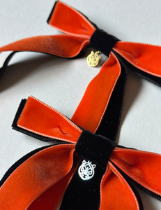 Bengals Charm Bows | Black and Orange Bows | Cincinnati Bengals Hair Accessories-Hair Bow-Bardot Bow Gallery-Black in Front-Tiger Face Silver-Aligator Clip-Bardot Bow Gallery