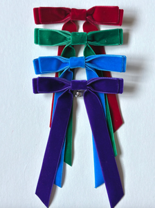 School Girl Velvet Long Bow | Local High School Edition | Hair Tie, Barrette or Clip | Several Colors | Sold individually | Gift for Her-Hair Bow-Bardot Bow Gallery-Green Saints-Football Hemlet Charm-Alligator Clip-Bardot Bow Gallery