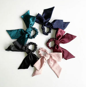 Hammered Satin Fabric Bow Scrunchie | Shiny Silk Satin Feel | Multiple Colors | Hand Tied and Handmade in USA | Holiday Hair Bow | Gifts for Her-Bow Scrunchie-Bardot Bow Gallery-Noir Black-Bardot Bow Gallery