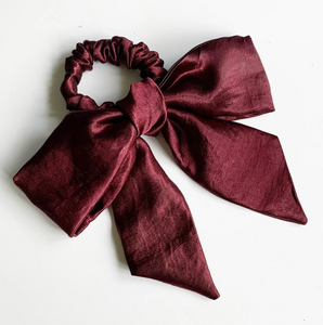 Hammered Satin Fabric Bow Scrunchie | Shiny Silk Satin | Holiday Hair Bow | Hand Tied and Made to Order-Bow Scrunchie-Bardot Bow Gallery-Noir Black-Bardot Bow Gallery