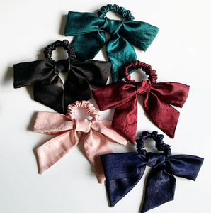 Hammered Satin Fabric Bow Scrunchie | Shiny Silk Satin | Holiday Hair Bow | Hand Tied and Made to Order-Bow Scrunchie-Bardot Bow Gallery-Noir Black-Bardot Bow Gallery