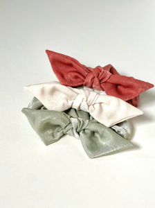 Soft Sueded Satin Knot Scrunchie | Shiny Soft | Oversize Knot Scrunchie | Luxury Designer Hair Accessories | Hand Tied-knot scrunchie-Bardot Bow Gallery-Cream-Bardot Bow Gallery