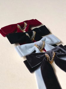Mixed Metals Velvet Long Bow | Petite Oversize Velvet Bow | Luxe Link Series | Bow with Tails | Multiple Colors | Bow Clip or Barrette | Luxury Designer Hair Accessories | Made to Order in USA-Hair Bow-Bardot Bow Gallery-Black-Hair Tie-Bardot Bow Gallery