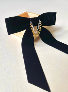 Mixed Metals Velvet Long Bow | Petite Oversize Velvet Bow | Luxe Link Series | Bow with Tails | Multiple Colors | Bow Clip or Barrette | Luxury Designer Hair Accessories | Made to Order in USA-Hair Bow-Bardot Bow Gallery-Black-Hair Tie-Bardot Bow Gallery