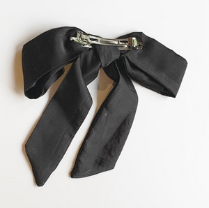 Silk Bow Barrette | Silk Series | Bow Barrette with Tails | Luxury Designer Hair Accessories | Hand Tied and Made to Order-Hair Bow-Bardot Bow Gallery-Black-Large Barrette-Bardot Bow Gallery