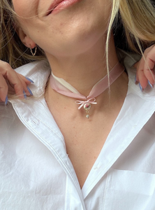Coquette Silk Choker with Charm | Pink and Black | 100% Silk Hand Dyed | Cameo Locket | Made to Order-Necklace-Bardot Bow Gallery-Pink and White-Bardot Bow Gallery