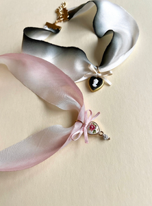 Coquette Silk Choker with Charm | Pink and Black | 100% Silk Hand Dyed | Cameo Locket | Made to Order-Necklace-Bardot Bow Gallery-Pink and White-Bardot Bow Gallery