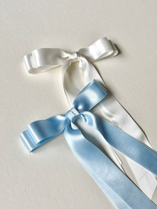 Stella Silk Satin Long Bow | 100% Silk Satin | White Bridal Bow | Something Blue | Bow Clips | Special Occasion Bow | Luxury Designer Hair Piece | Made to Order in USA-Hair Bow-Bardot Bow Gallery-White-Bardot Bow Gallery