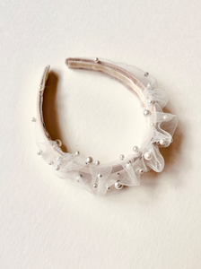 Sophia Pearl Scrunchie Headband | Pearl Embellished Tulle | Luxury Designer Hair Accessories | Made to Order-Headband-Bardot Bow Gallery-Bardot Bow Gallery
