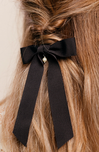 Swarovski Pearl Grosgrain Bow | Petersham Grosgrain | Petite Bow with Tails | Luxury Designer Hair Piece | Made to Order-Hair Bow-Bardot Bow Gallery-Alligator Clip-Bardot Bow Gallery