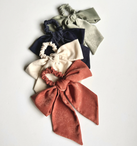 Soft Sueded Satin Bow Scrunchies | Solid Colors | Easy to Style | Handmade and Tied in USA | Multiple Colors | Luxury Designer Hair Accessories for Women | Gift For Her-Bow Scrunchie-Bardot Bow Gallery-Willow Sage-Bardot Bow Gallery