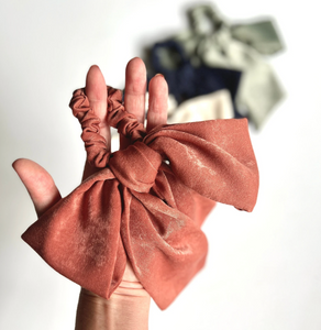 Soft Sueded Satin Bow Scrunchies | Easy to Style | Luxury Designer Hair Accessories | Hand Tied and Made to Order-Bow Scrunchie-Bardot Bow Gallery-Red Rock-Bardot Bow Gallery