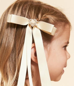 Crystal Satin Skinny Long Bow | Multiple Colors | Special Occasion Accessory | Bow Clip Barrette Hair Ties | Luxury Designer Hair Accessories | Made to Order in USA-Hair Bow-Bardot Bow Gallery-Cream-Medium Barrette-Heart-Bardot Bow Gallery