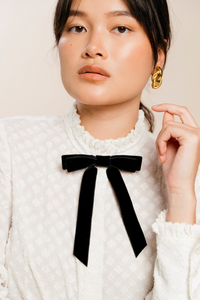 Velvet Long Bow Neck Pin | As Seen in Vouge | Bow Brooch | Luxury Designer Accessories | Made to Order-Neckwear-Bardot Bow Gallery-Black-Bardot Bow Gallery
