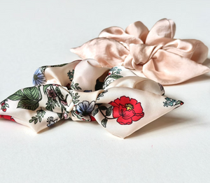 Floral Silk Series Knot Scrunchie | Silky Chiffon | Oversize Knot Scrunchie | Sleeping Silk Scrunchie | Hand Tied-knot scrunchie-Bardot Bow Gallery-Ivory Floral-Bardot Bow Gallery