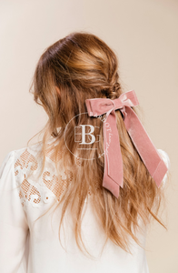 Petite Oversize Velvet Long Bow | Upscale Bows for Women | Petite Oversize Bow with Tails | Bow Clip, Barrette, Hair Tie | Multiple Colors | Luxury Designer Hair Accessories | Made to Order in USA-Hair Bow-Bardot Bow Gallery-Black-Hair Tie-Bardot Bow Gallery