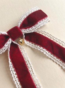 Velvet Lace Holiday Bow | Hair Bow with Long Tails | Classic Christmas Nutcracker | Luxury Designer Hair Bow | Made to Order-Hair Bow-Bardot Bow Gallery-Red-Gold Locket-Hair Tie-Bardot Bow Gallery