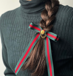 Holiday Vintage Grosgrain Long Bow | Luxe Link Series | Bow with Tails | Bow Clip, Barrette, Brooch | Luxury Designer Hair Accessories | Made to Order in USA-Hair Bow-Bardot Bow Gallery-Hair Tie-Bardot Bow Gallery