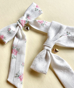 Little Locket Bow | Silver or Gold | Petite Fabric Bow with Tails | Luxury Designer Hair Accessories | Made to Order-Hair Bow-Bardot Bow Gallery-Vintage Rose Cotton-Alligator Clip-Silver-Bardot Bow Gallery
