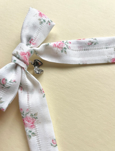 Little Locket Bow | Silver or Gold | Petite Fabric Bow with Tails | Bow Clip, Barrette, Brooch | Pearl Hair Ornament | Luxury Designer Hair Accessories | Made to Order in USA-Hair Bow-Bardot Bow Gallery-Vintage Rose Cotton-Alligator Clip-Silver-Bardot Bow Gallery